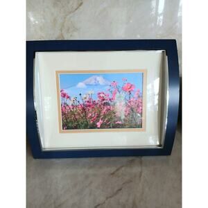 Mt Fuji Pink Cosmos Flowers 3D Foil Art Diorama Scene Artsy Concave Blue Frame